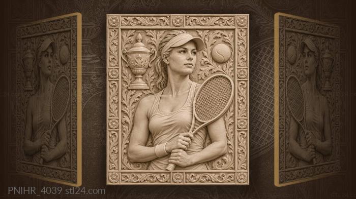 Player raises racket beside trophy and ball 3d STL model