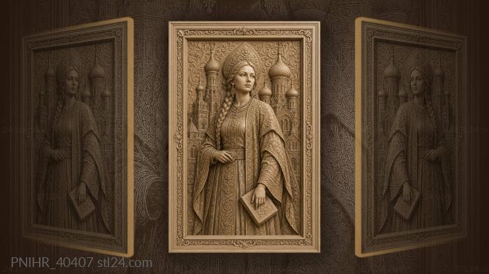 Woman before stylised russian churches 3d STL model