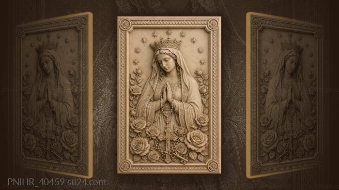 Rosary-bearing virgin clasps beads above chained cross 3d STL model
