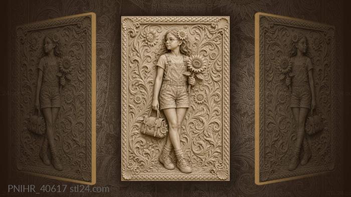 Sunflower in her hair with handbag 3d STL model