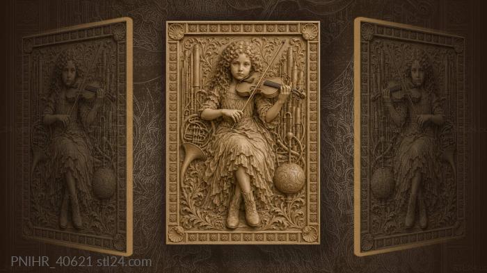 Curly girl holding bow and violin 3d STL model