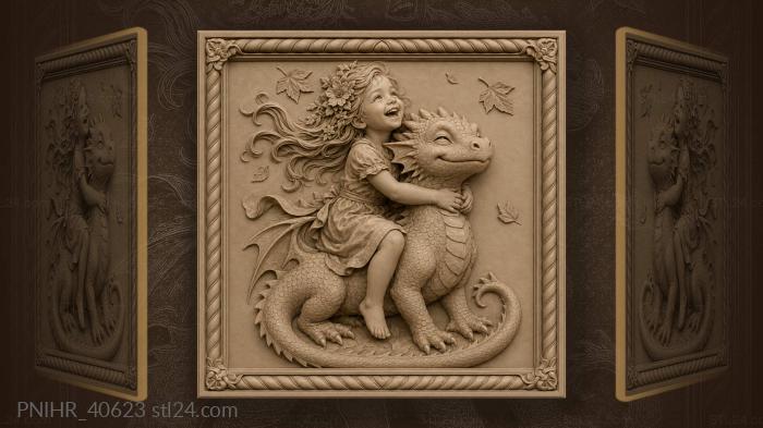 Laughing girl hugs the dragon neck 3d STL model