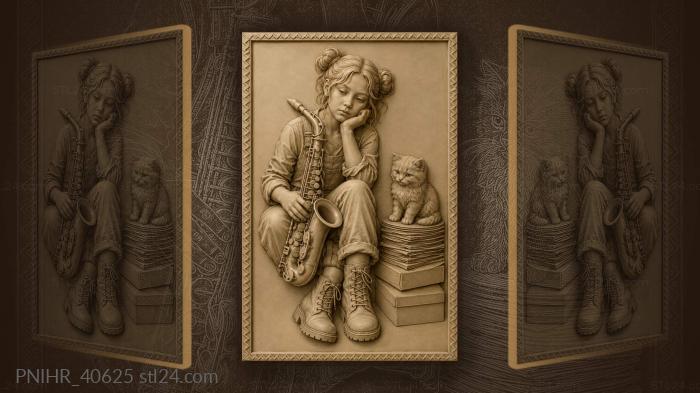 Musician rests saxophone while kitten guards records 3d STL model