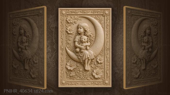 Teddy bear and flowers around moon 3d STL model