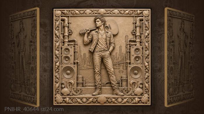 Guitar slung over a shoulder above the city 3d STL model