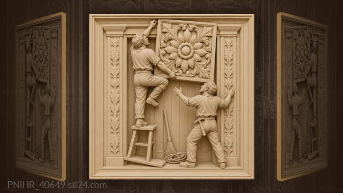 Craftsmen install a floral ornament above doorway 3d STL model