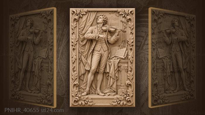 Curly haired violinist beside a musical staff · Johann Sebastian Bach 3d STL model