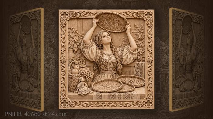 Folk girl raising woven plate overhead 3d STL model