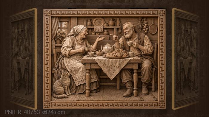 Old couple teasing their guest at table 3d STL model