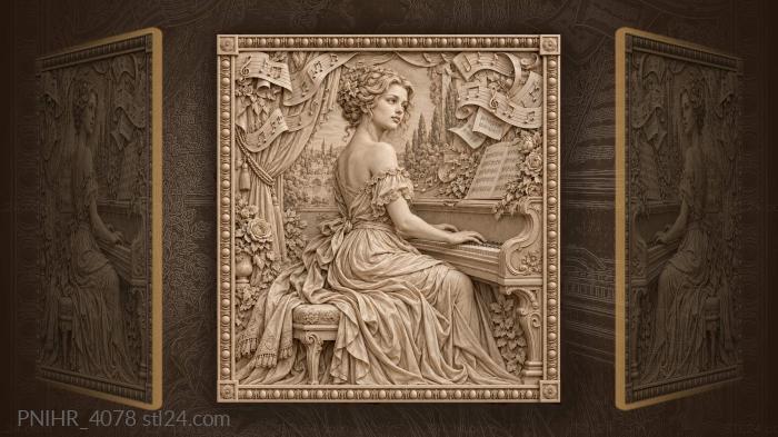 Woman pianist with musical swirls 3d STL model