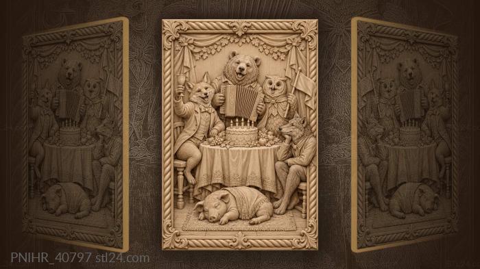 Owl with flag over sleeping pig 3d STL model