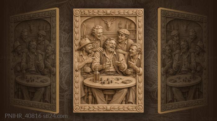 Five men laughing over bottle and chips 3d STL model