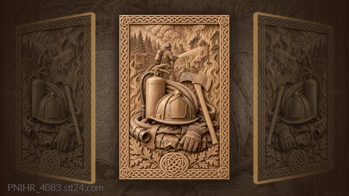 Firefighting tools amid burning city 3d STL model