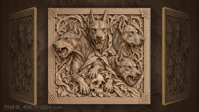 Four guardians snarl above hidden bones 3d STL model