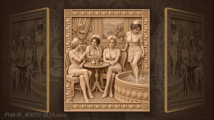 Attendants bathe patient beside ornate table 3d STL model