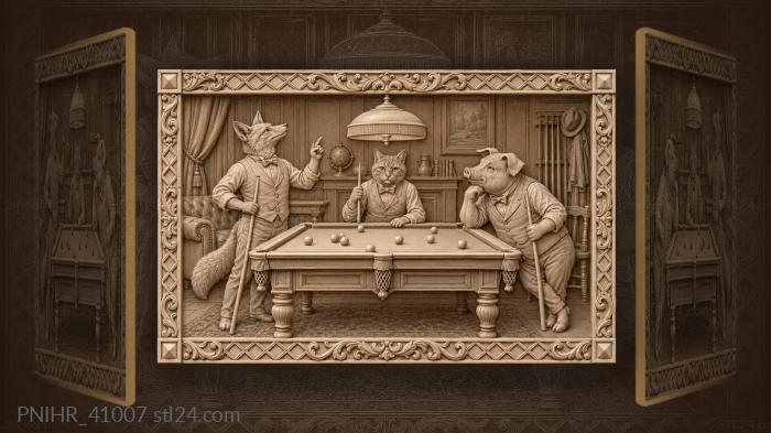 Fox cat and pig playing billiards 3d STL model