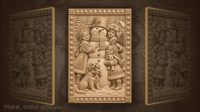 Children hugging snowman with dog 3d STL model
