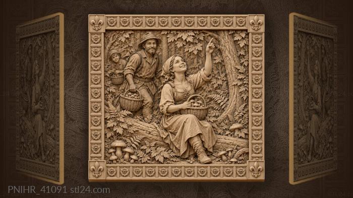 Mushroom pickers with baskets by a fallen log 3d STL model