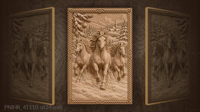 Three horses gallop through snowy village 3d STL model