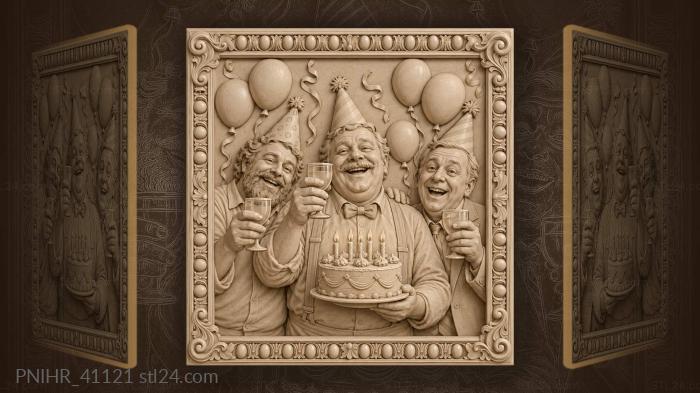 Three men in party hats with a cake 3d STL model