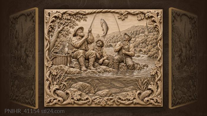 Riverside fishermen hoist fish above the basket cat 3d STL model