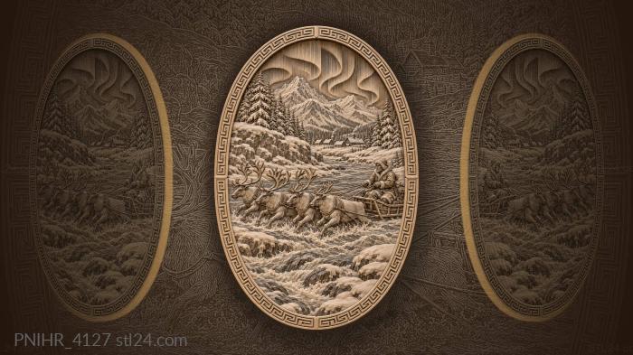 Sleigh crossing river beneath aurora 3d STL model