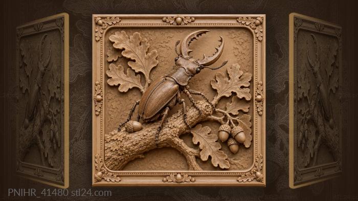 Stag beetle guards acorns on forked oak 3d STL model