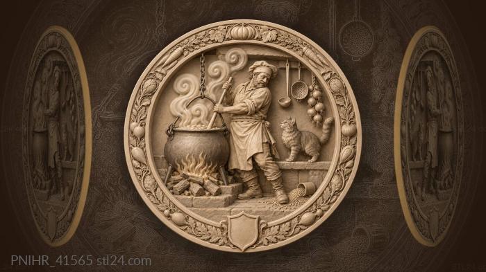 Cook stirring cauldron with watchful cat 3d STL model