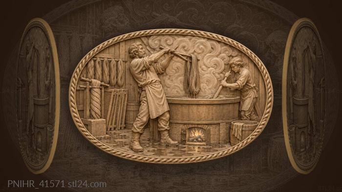 Dyer lifts skein while apprentice paddles 3d STL model