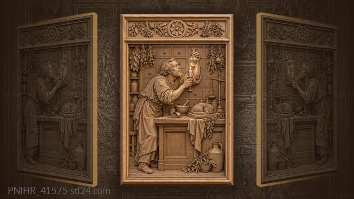 Apothecary lifts a flask toward flame 3d STL model