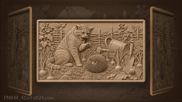 Cat and hedgehog in garden beds 3d STL model
