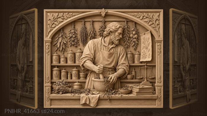 Reading apothecary grinds herbs beneath bundles 3d STL model