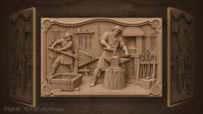 Apprentice works bellows as blacksmith strikes 3d STL model