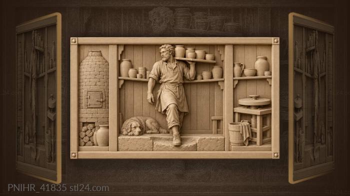 Watchful potter carries pots past his dog 3d STL model