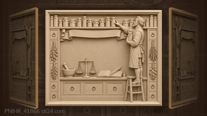 Apothecary aligns flasks along shelf 3d STL model