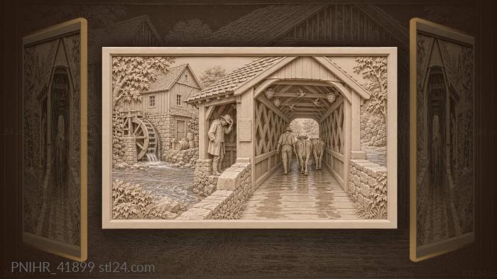 Bridge over river with mill 3d STL model