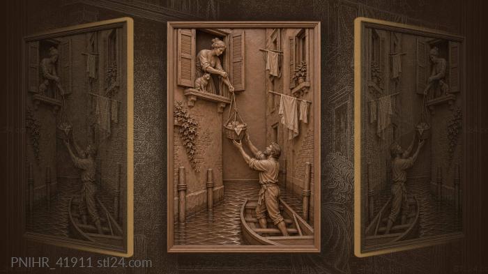 Canal scene with basket and figures 3d STL model