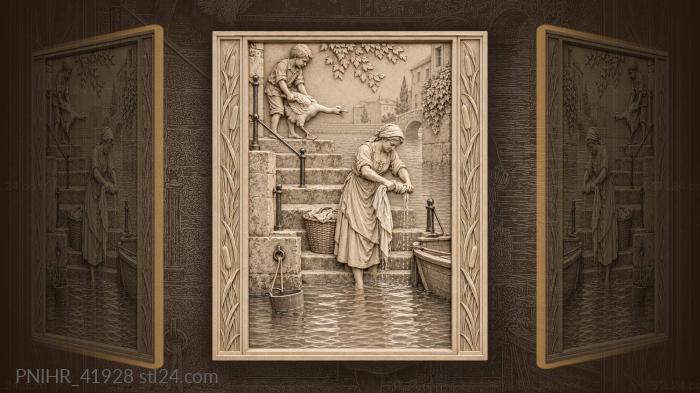 Washerwoman wrings linen beside tethered bucket 3d STL model