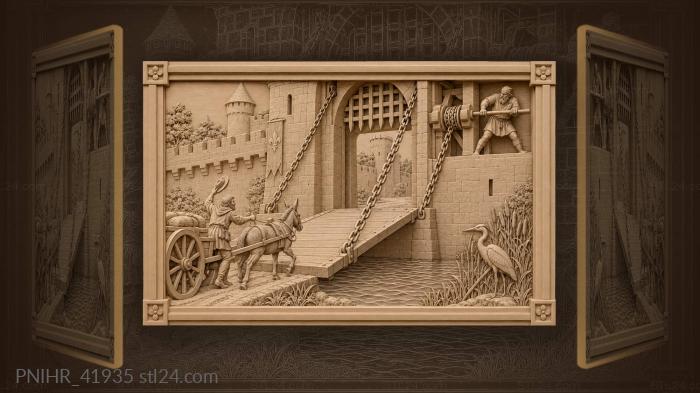 Castle drawbridge gatehouse busy scene 3d STL model
