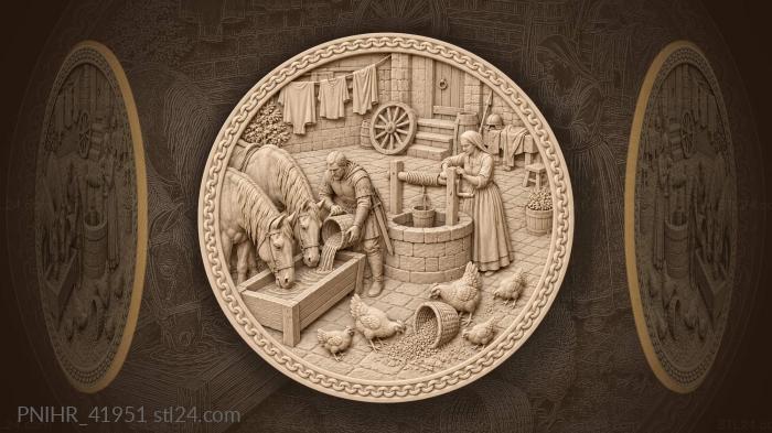 Horses crowding courtyard wellhead trough 3d STL model
