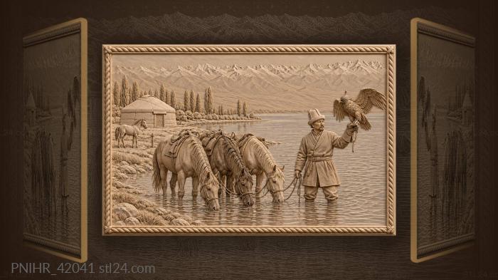 Tian shan horses and golden eagle 3d STL model