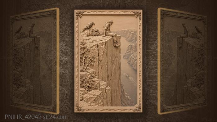 Hiker rests beside raven above fjord 3d STL model