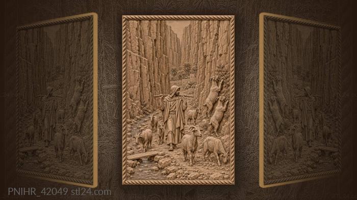 Goats reach for leaves beside shepherd 3d STL model