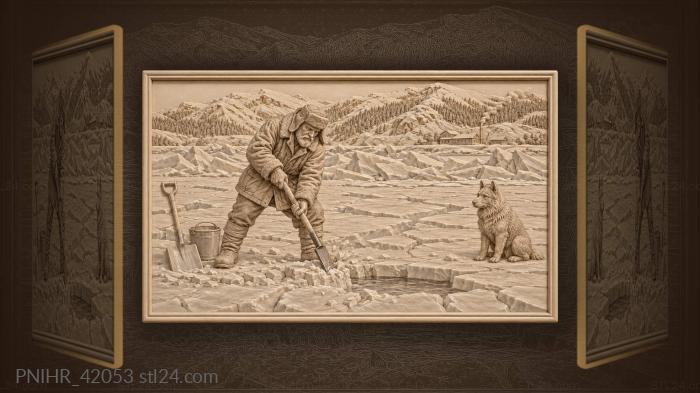 Ice chisel helps fisherman cut beside dog 3d STL model