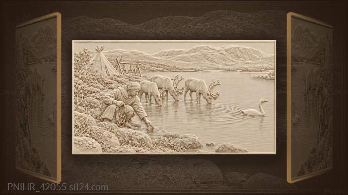 Kola peninsula reindeer herder lakeside scene 3d STL model