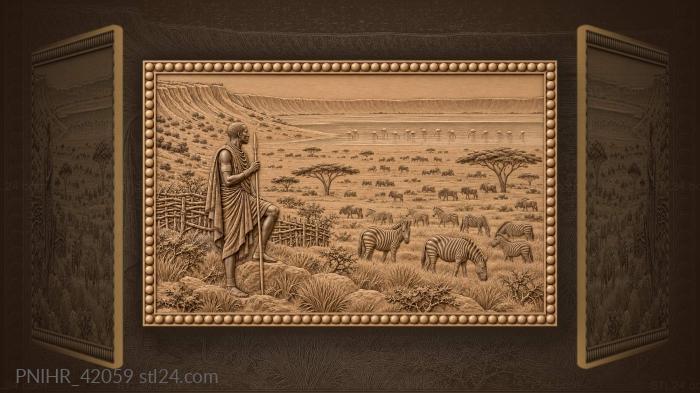 Zebras cross grassland below maasai herdsman 3d STL model