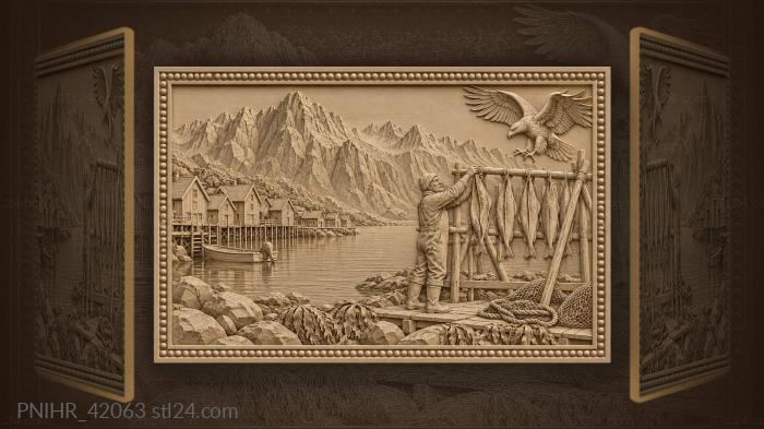 Eagle dives toward cod above fisherman 3d STL model