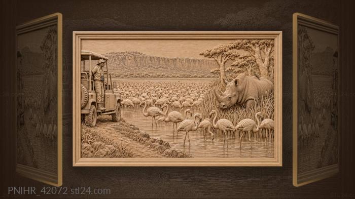 Rhino hides in reeds beside flamingos 3d STL model
