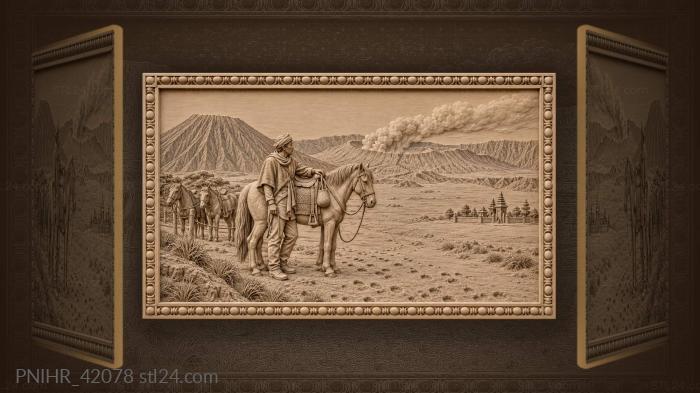 Horseman holds pony near volcano 3d STL model