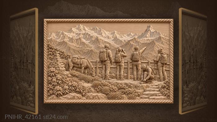 Kneeling trekker prepares beneath snowy peaks 3d STL model